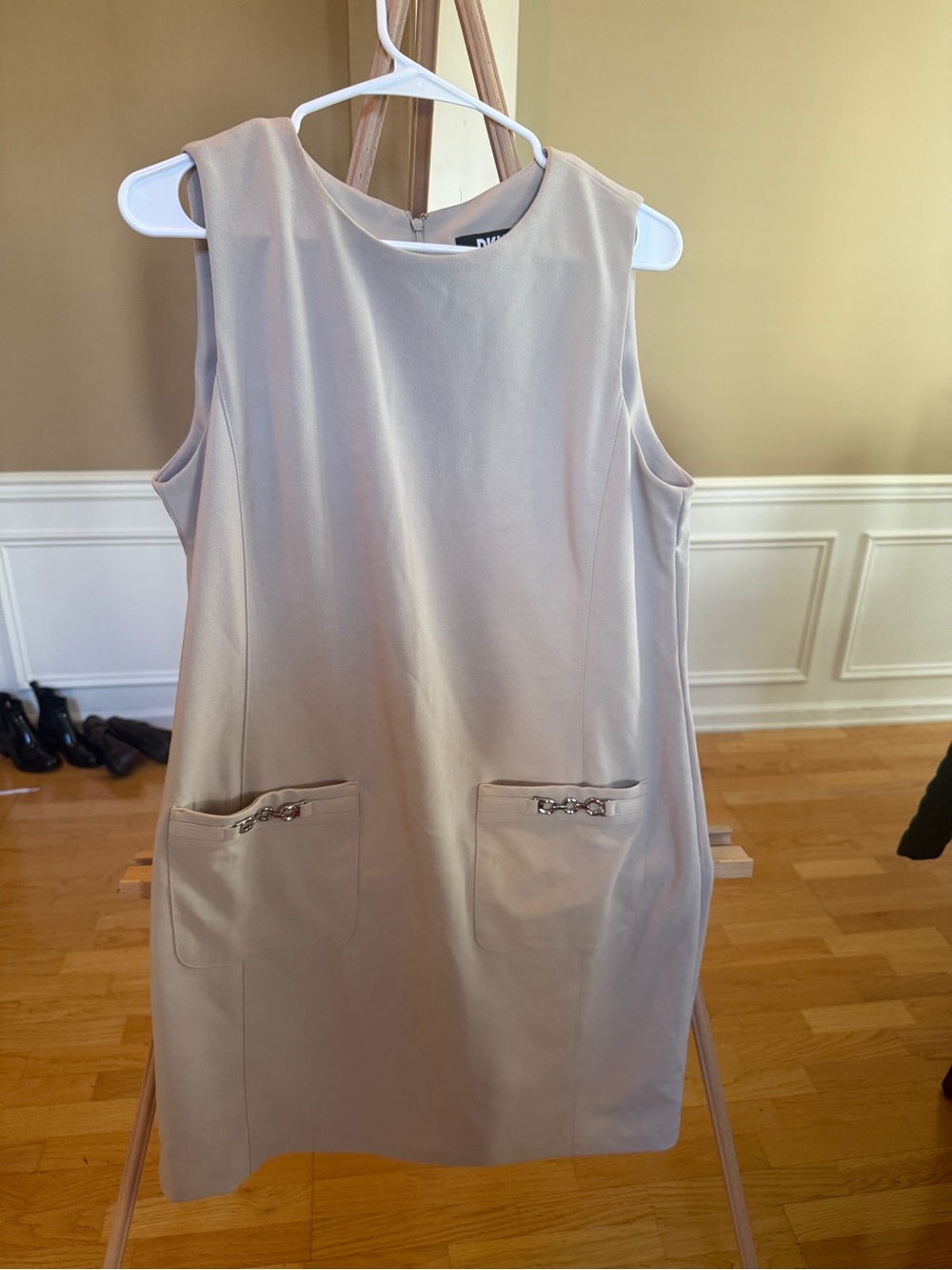 DKNY Beige Sleeveless Shift Dress with Pocket Chain Trim